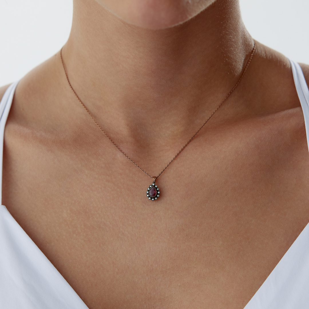 0,25 Ct Elmas Damla Yakutlu Kolye - 1