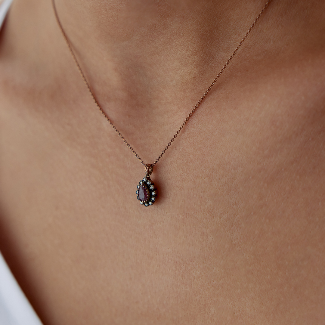 0,25 Ct Elmas Damla Yakutlu Kolye - 2