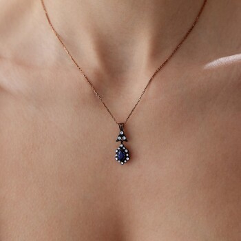 0.64 Ct Elmas Damla Safir Taşlı Kolye - Özkonak