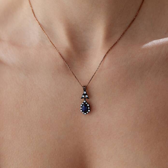 0.64 Ct Elmas Damla Safir Taşlı Kolye - 1