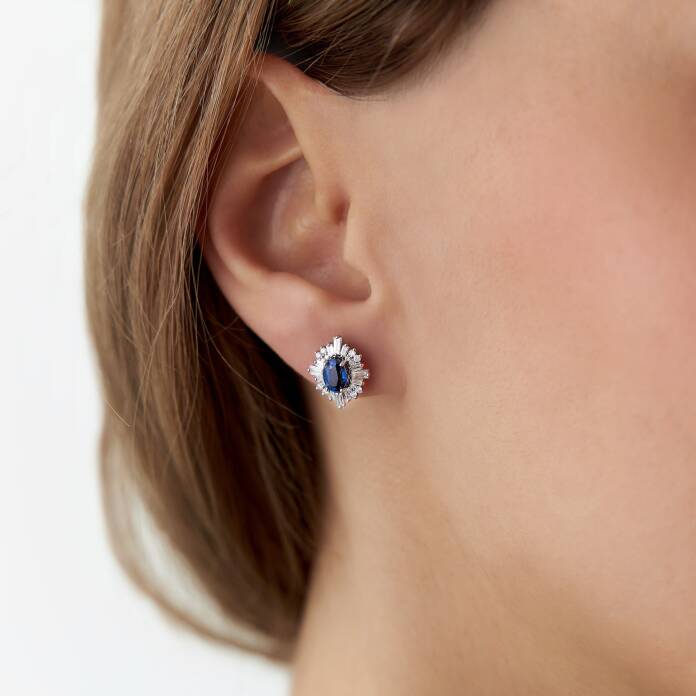 1.58 Ct Pırlanta Baget Safir Küpe - 3