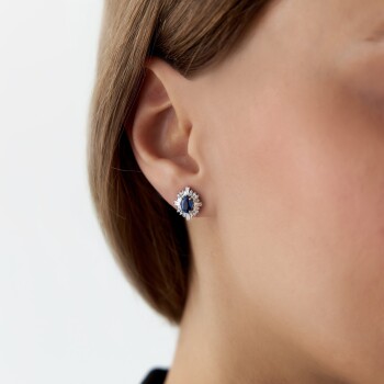 1.58 Ct Pırlanta Baget Safir Küpe - 4