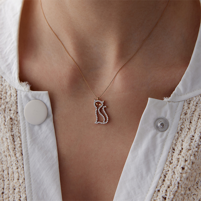 18 Ayar 0.20 Karat Pırlanta Kedi Kolye - Özkonak