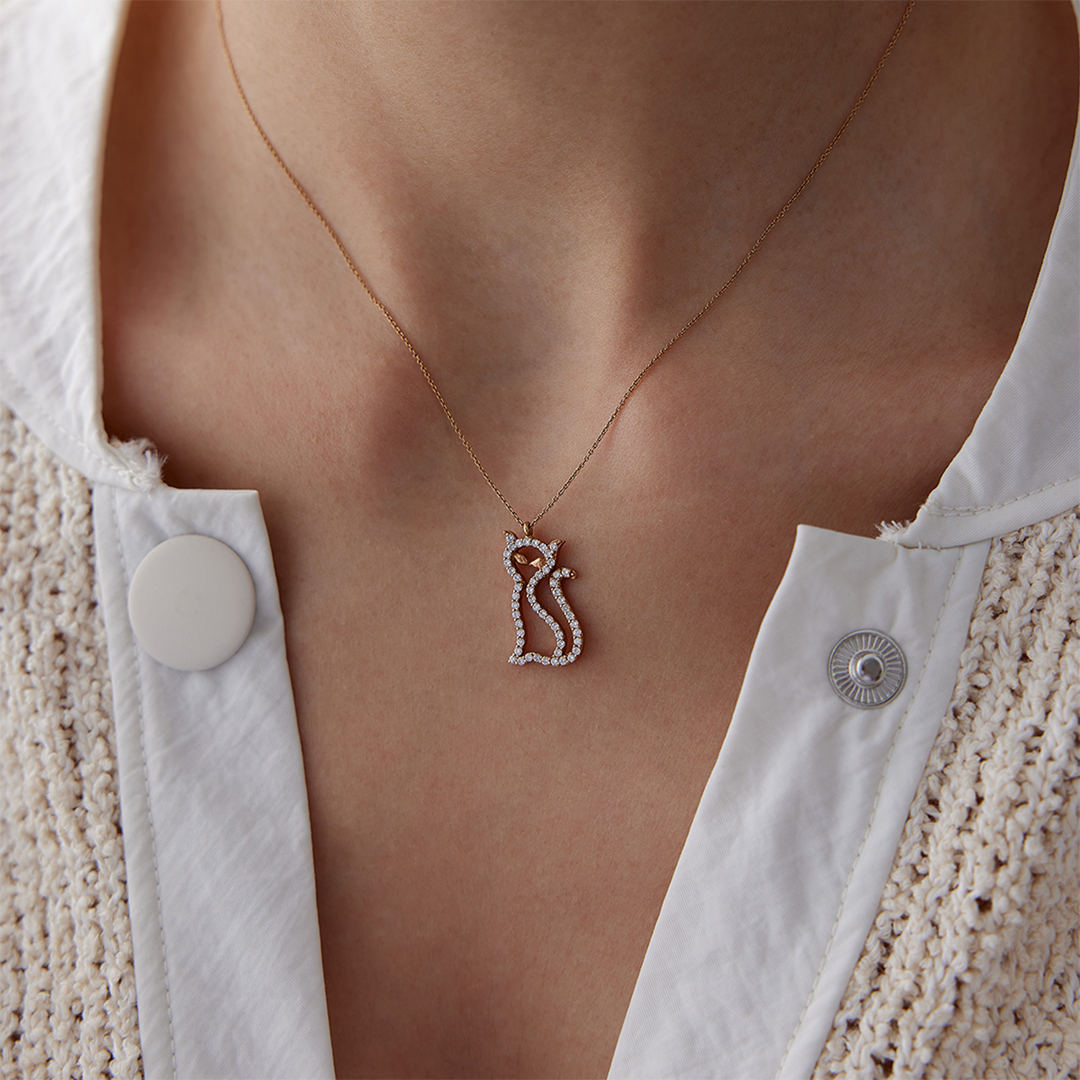 18 Ayar 0.20 Karat Pırlanta Kedi Kolye - 1