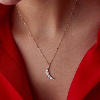 Beyaz Mineli Üzeri Taşlı Ay Kolye - MİST (1)