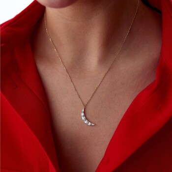 Beyaz Mineli Üzeri Taşlı Ay Kolye - MİST