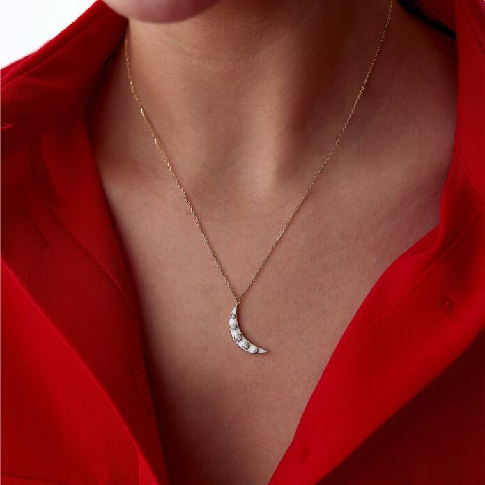 Beyaz Mineli Üzeri Taşlı Ay Kolye - 1