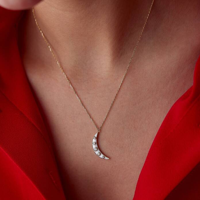 Beyaz Mineli Üzeri Taşlı Ay Kolye - 2