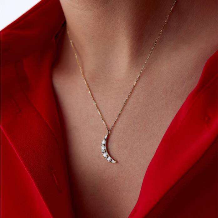 Beyaz Mineli Üzeri Taşlı Ay Kolye - 3