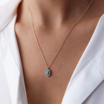 Desenli Mavi Opal Taşlı Kolye - Rayna