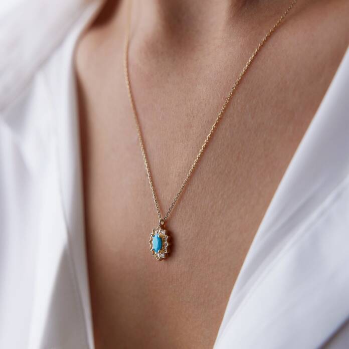 Desenli Mavi Opal Taşlı Kolye - 2