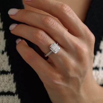 Dörtgen Plaka Yarım Tur Taşlı Baget Yüzük - Oragold Orhan