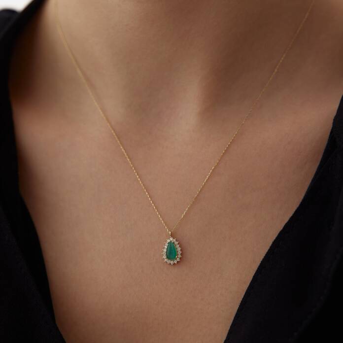 Etrafı Taşlı Yeşil Damla Kolye - 1