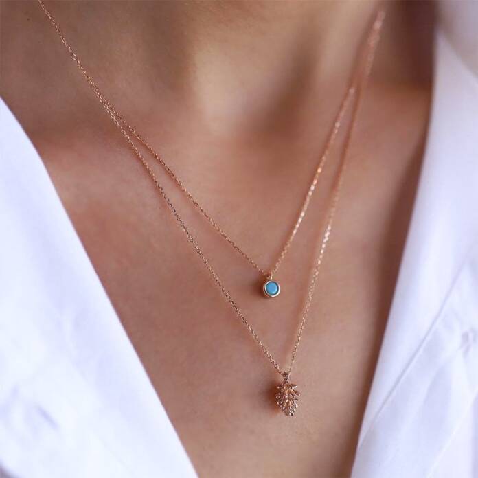 Firuze Çam Kozalağı İkili Kolye - 1