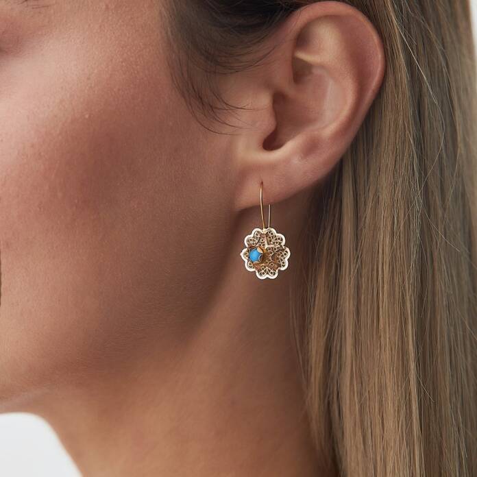 Firuze Taşlı Sallantılı Gül Küpe - 2