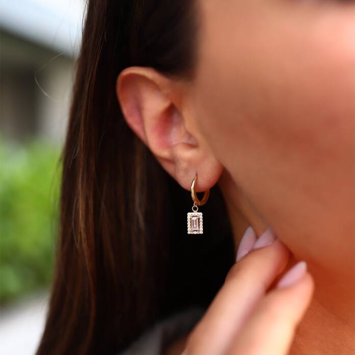 Kare Baget Taşlı Sallantılı Küpe - 1