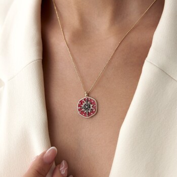 Kırmızı Mineli Pusula Kolye - Alen