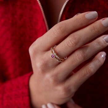 Kırmızı Taşlı Kalp İkili Yüzük - 1