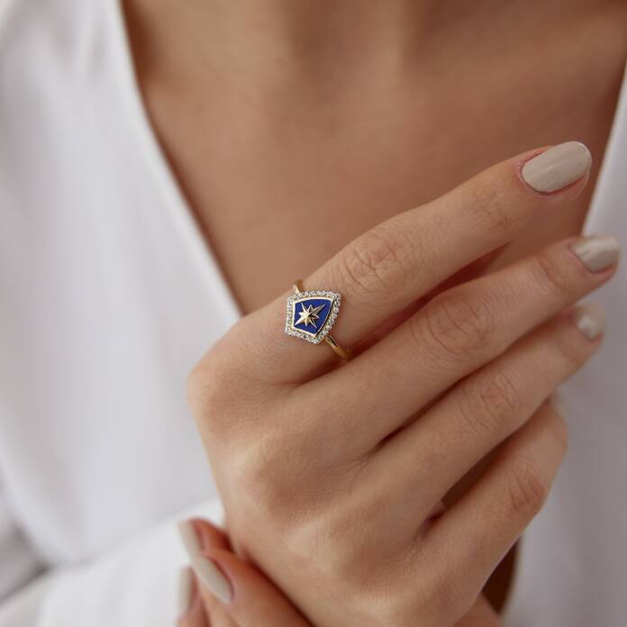 Kutup Yıldızlı Mavi Kalkan Desen Yüzük - 1