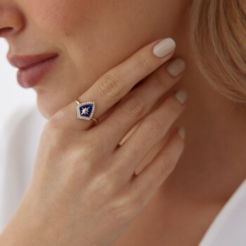 Kutup Yıldızlı Mavi Kalkan Desen Yüzük - 3