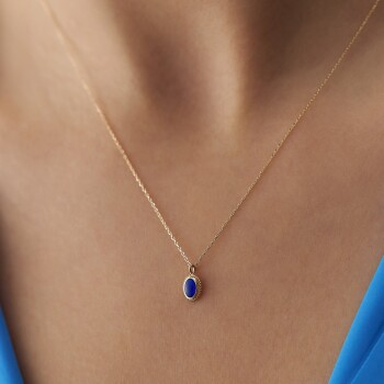 Lacivert Mineli Vintage Kolye - Alen