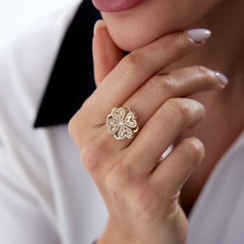 Large Yonca Çark Yüzük - Altın İş