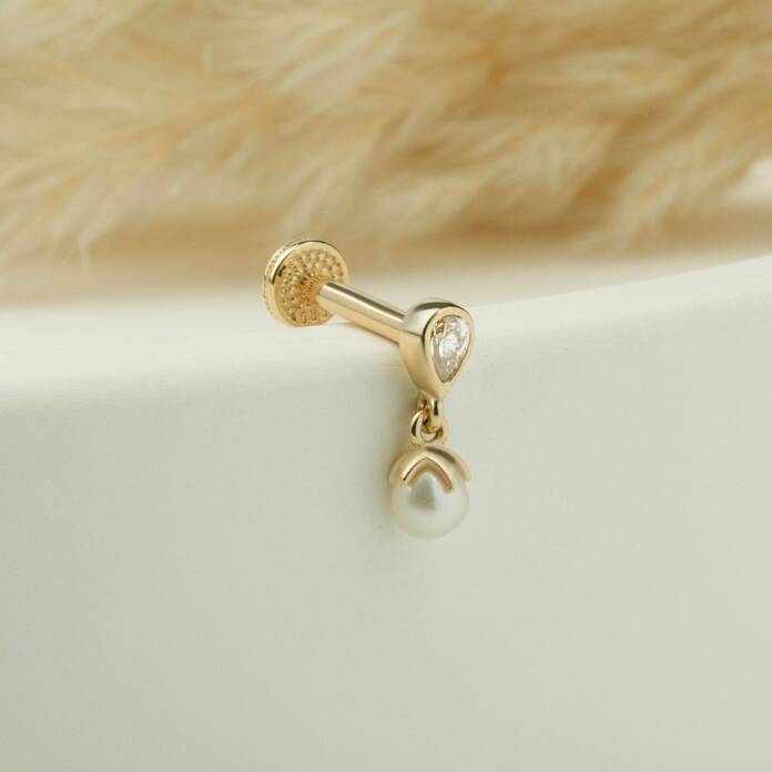 Luna Damla Taşlı İnci Sallantılı Minimal Tragus Piercing - 3