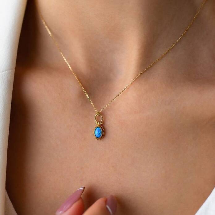 Mavi Opal Taşlı Vintage Kolye - 1