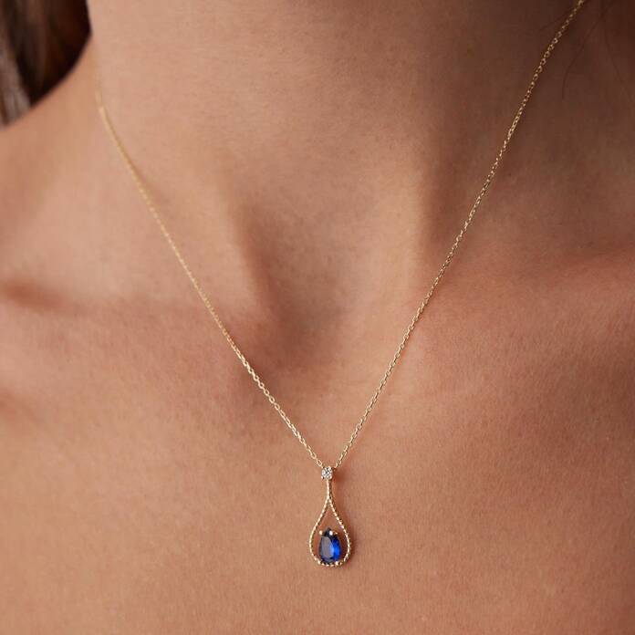 Mavi Taşlı Damla Desen Kolye - 1