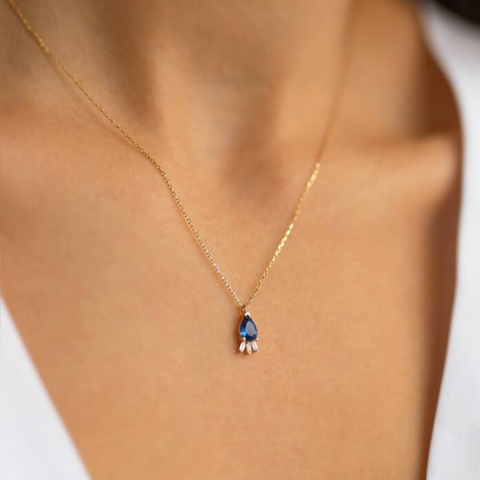 Mavi Taşlı Damla Kolye - 1