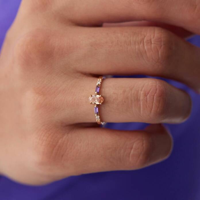 Mor Baget Çevrili Yavruağzı Oval Taş Yüzük - 1