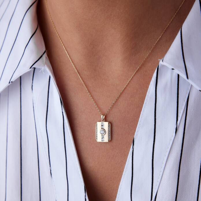 Ortası Taşlı Çift Şerit Plaka Kolye - 1