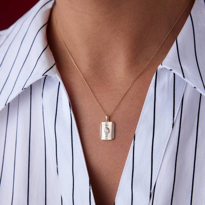 Ortası Taşlı Çift Şerit Plaka Kolye - 2