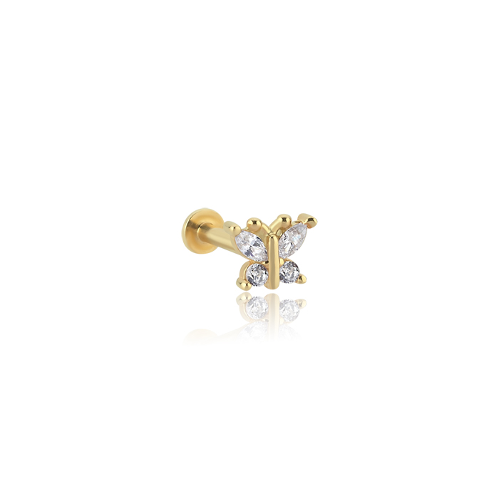 Oval Taşlı Butterfly Tragus Piercing - SimGold