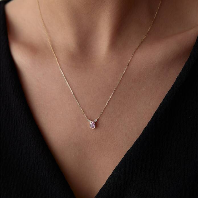 Pembe Taşlı Damla Kolye - 1