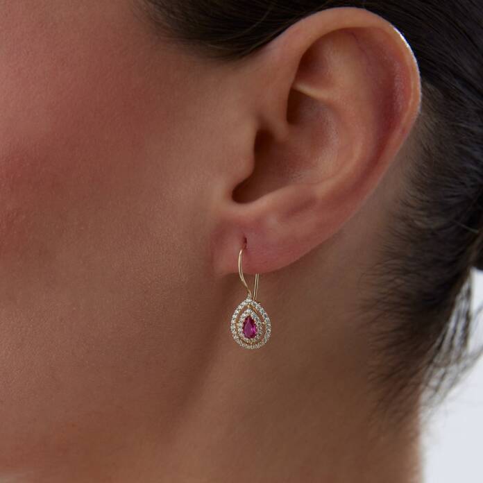 Pembe Taşlı Damla Sallantılı Küpe - 1