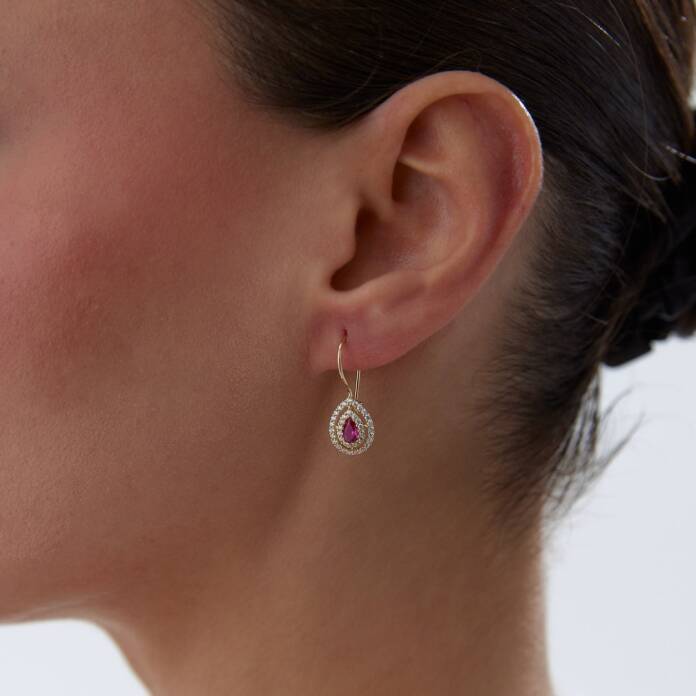 Pembe Taşlı Damla Sallantılı Küpe - 2