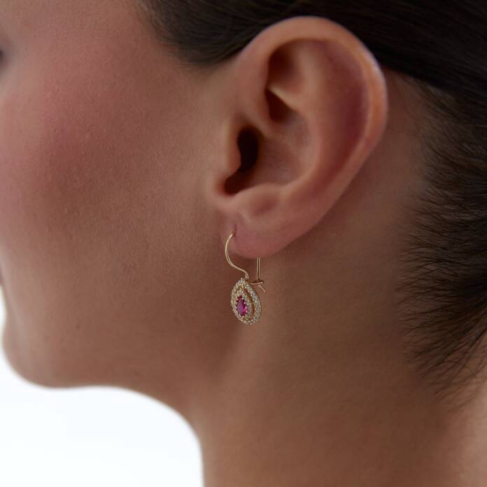 Pembe Taşlı Damla Sallantılı Küpe - 3