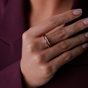 Pembe Taşlı Kalp İkili Yüzük - 3