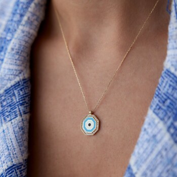 Sekizgen Taş Çerçeve Göz Kolye - Cemart