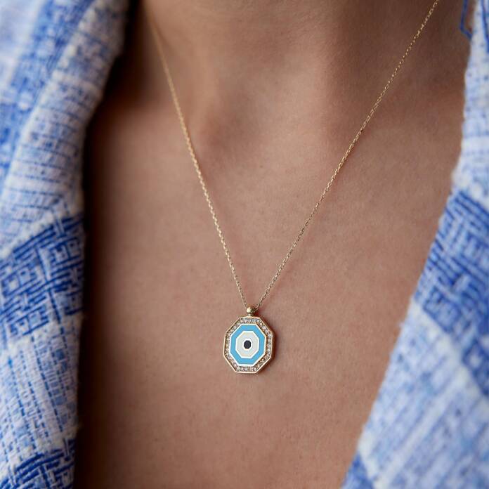 Sekizgen Taş Çerçeve Göz Kolye - 1