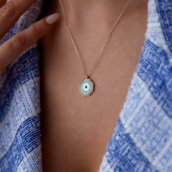 Sekizgen Taş Çerçeve Göz Kolye - Cemart (1)