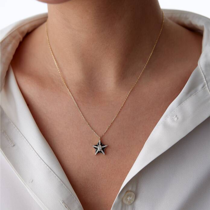 Siyah Mineli Bold Yıldız Kolye - 1