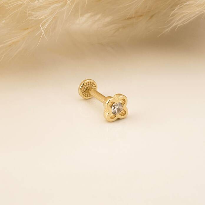 Taşlı Çiçek Motifli Minimal Tragus Piercing - 3