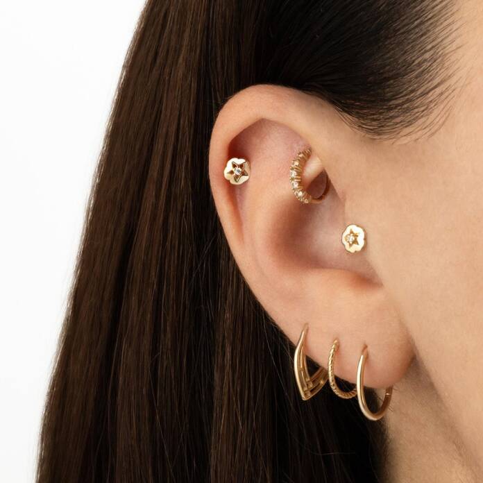 Taşlı Çiçek Ve Yıldız Motifli Minimal Tragus Piercing - 2
