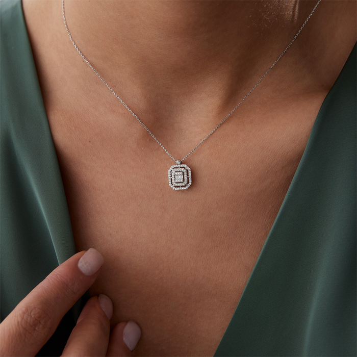 Taşlı Çift Çerçeve Baget Kolye - Özçelik