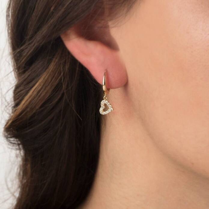 Taşlı Halka Sallantı Kalp Küpe - 1