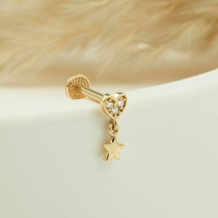 Taşlı Kalpli Yıldız Sallantılı Minimal Tragus Piercing - 3