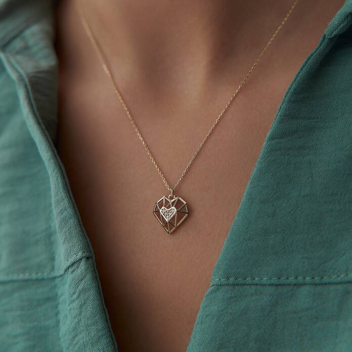 Taşlı Prizma Kalp Kolye - 1