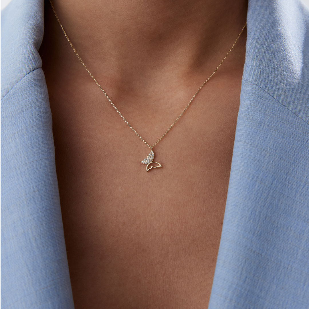 Taşlı Silüet Kelebek Kolye - 1